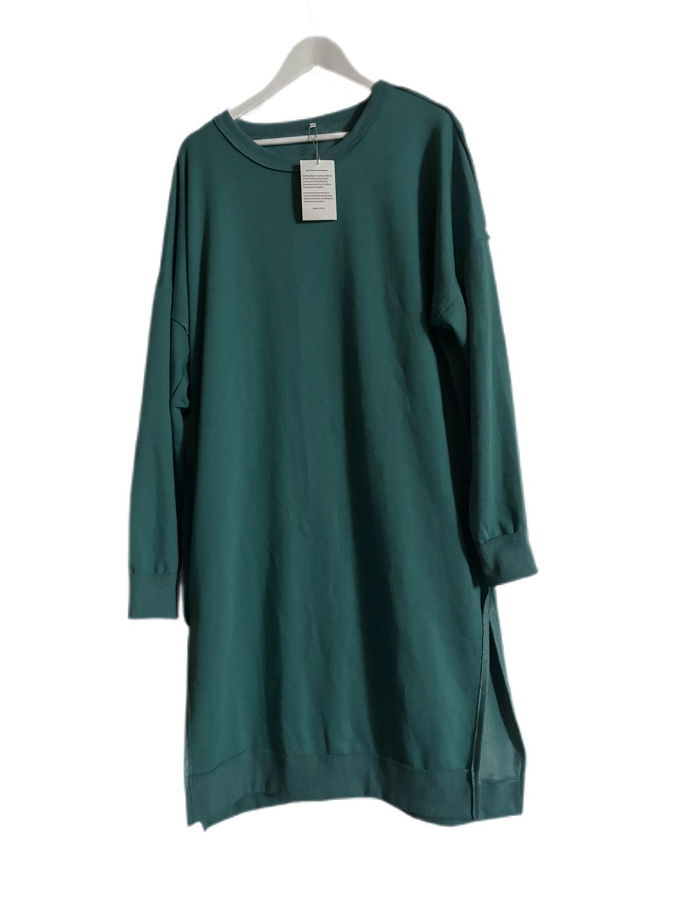 NWT Deep Teal Crew Neck Long Tunic Sweatshirt Dress with Side Slits